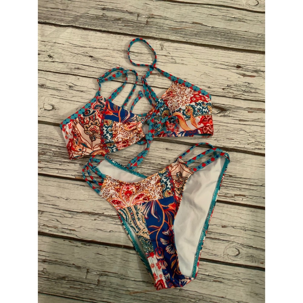 Paisley‎ Patchwork Strappy Bikini Set Red Blue Orange XS